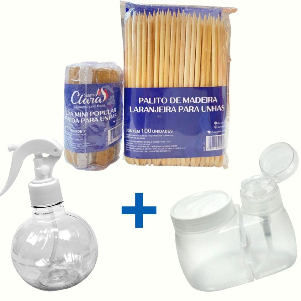 Kit Manicure Pulverizador + 100 palitos + 100 lixas + Dosador de Acetona Santa Clara
