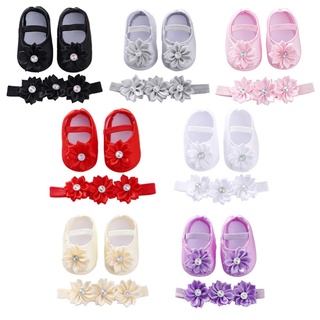 Sapato De Bebê Recém-Nascido Menina Com Flores/Tênis Flexível Faixa De Cabelo 0-12 Meses
