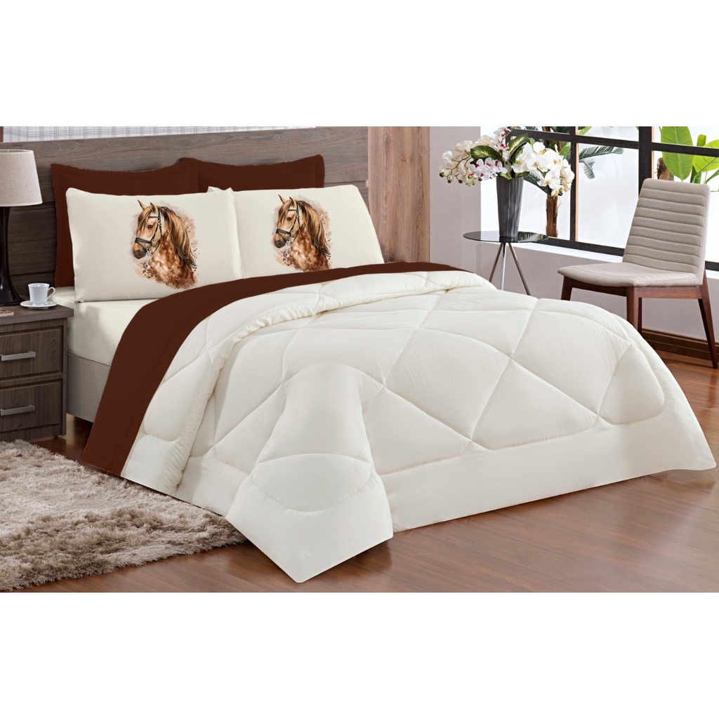 Kit Edredom Queen Country Dupla Face Tabaco Palha Com 5 Peças