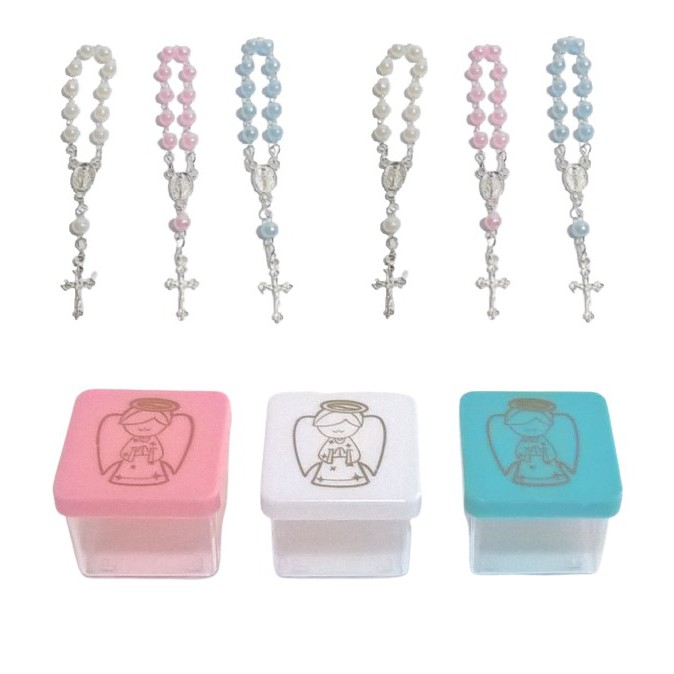 Kit Batizado 12 Caixinha Anjo Dourado 12 Mini Terço Entremeios Prateados Pérolas Lembrancinhas Natal
