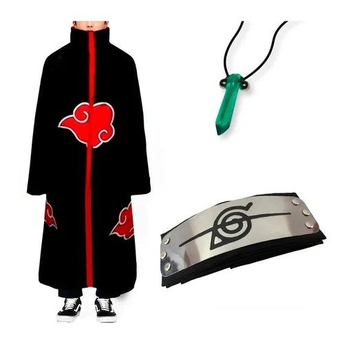 Kit Capa Akatsuki + Bandana + Colar - Naruto Cosplay Manto