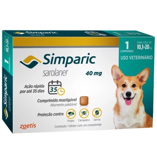 Simparic Antipulgas Carrapatos Sarnas P/ Cães 10,1 a 20 Kg (40 mg) Caixa 1 Comprimido ORIGINAL