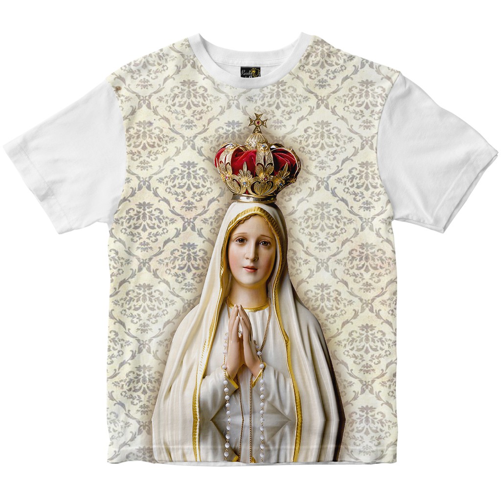 Camiseta Blusa Católica Nossa Senhora de Fátima Arabescos Rainha do Brasil branco