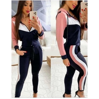 Conjunto manga longa com calça detalhes xadrez com capuz e ziper