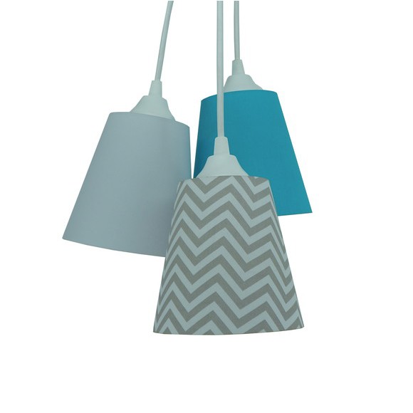 Lustre Pendente Luminária Tripla Quarto Bebê Chevron Cinza e Turquesa