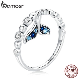 Bamoer Anel De Prata 925 Com Zircônia Azul Escuro Estilo Sereia Moda Jóias Para As Mulheres