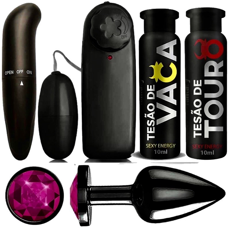 Kit Sex Shop Preto Vibrador Feminino Ponto G Massageador Bullet Plug Anal Com Joia Tesão 6182