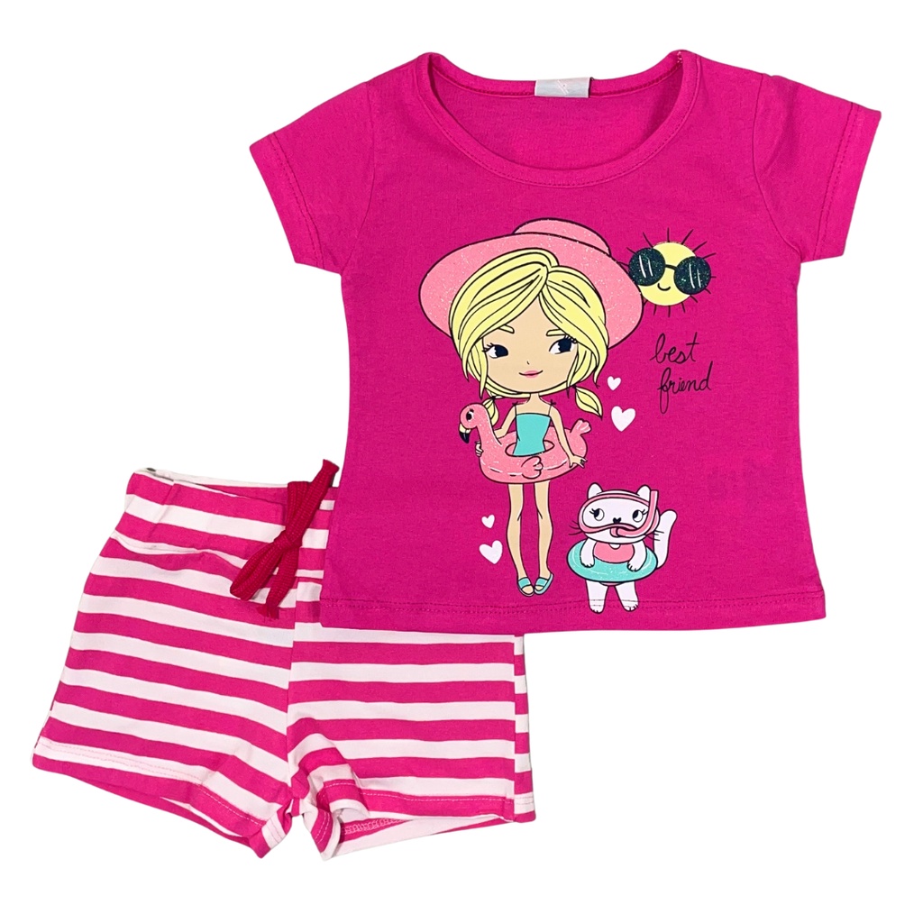 Conjunto infantil feminino com manga blusa meia malha e short cotton 1-2-3