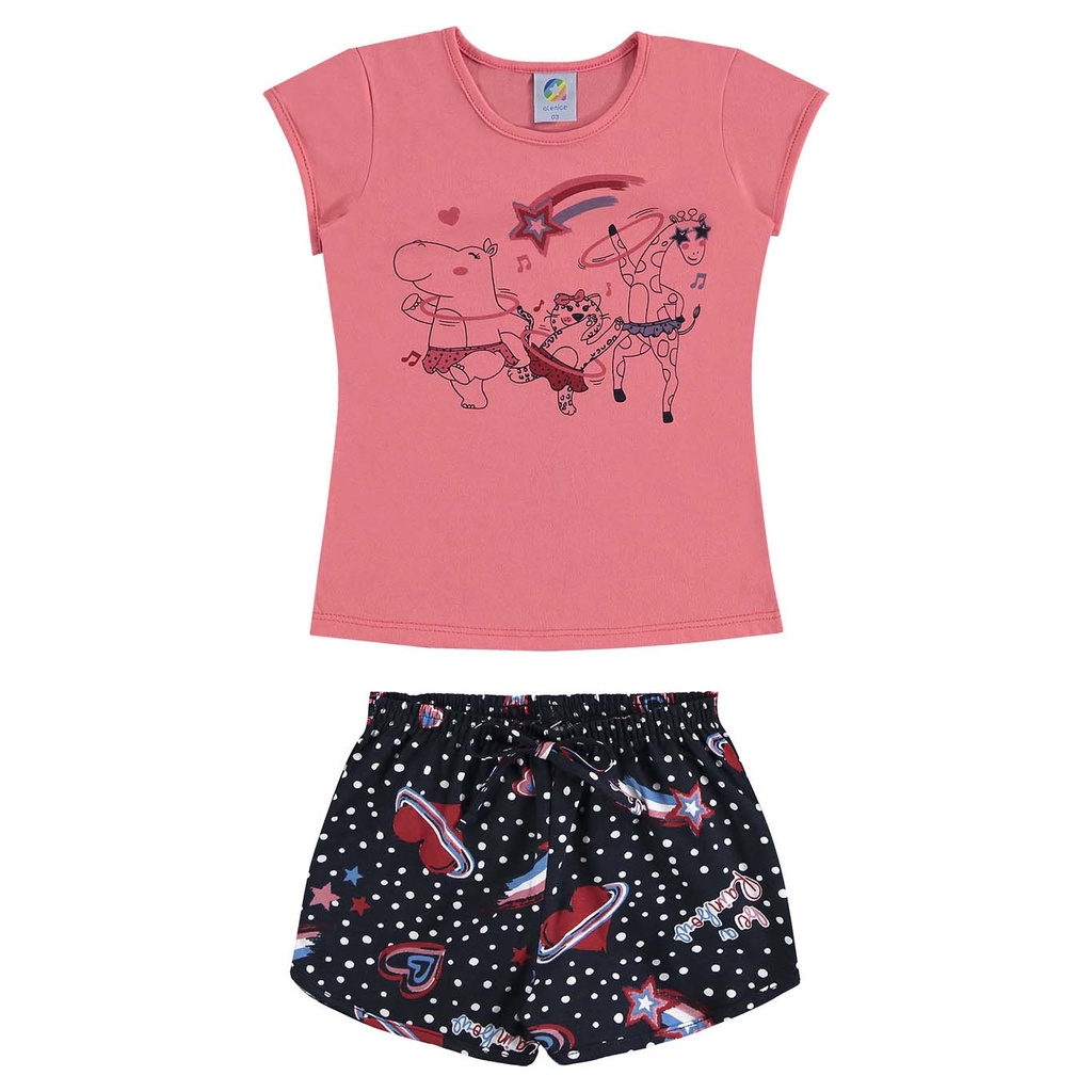 Conjunto Menina Blusa Animais e Shorts Estampado Malha Menina | Laranja
