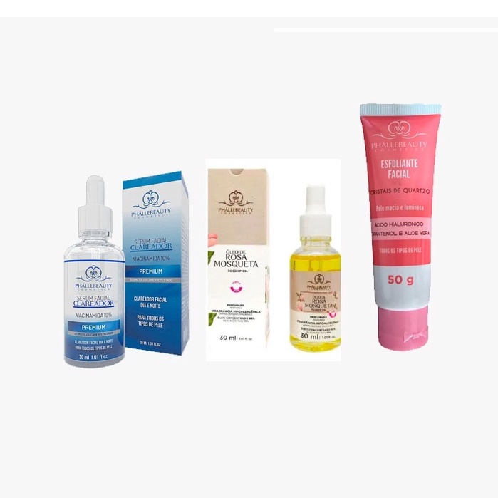 Kit com Sérum Facial Rosa Mosqueta +Sérum Facial Clareador +Esfoliante Facial PhalleBeauty