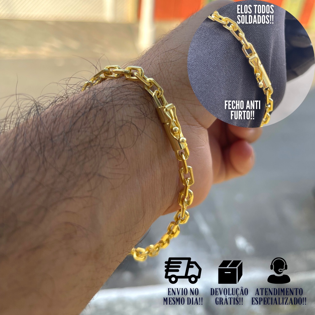 Pulseira Masculina De Ouro Carrier Cadeado 5mm Banhada a Ouro 24k Pulseira
