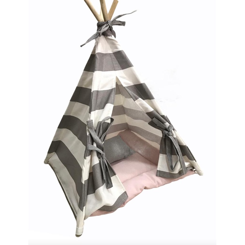 Toca cabana tenda casinha cama pet cães e gatos P cinza listrado com rosa em Oferta na Shopee