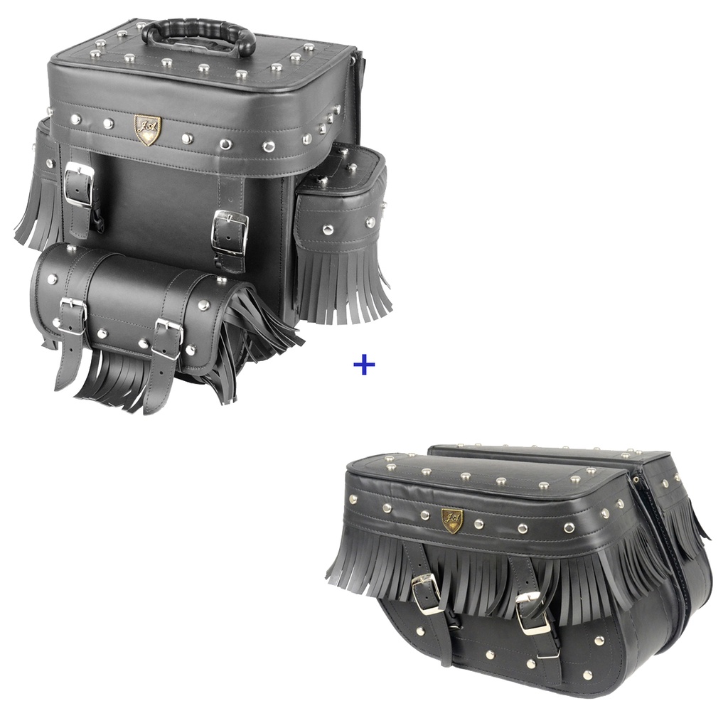 Kit Viagem Alforge Traseiro 29 Litros Couro Sintético C/ Cravos e Franjas + Alforge Lateral Losango 32 Litros Couro C/ Cravos e Franjas