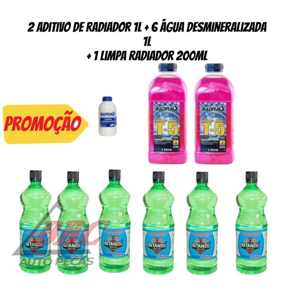 KIT Aditivo radiador 2 aditivos 1L + 6 água desmineralizada 1L + 1 limpa radiador 200ml