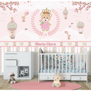 Papel de Parede Infantil Ursinha Princesa para Quarto de Bebê Menina Personalizado Rosa 2021 Lançamento