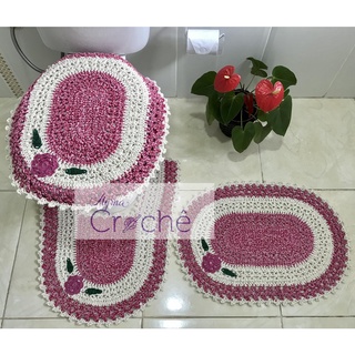 Jogo de Banheiro Crochê Mesclado com Aplicação em Oferta na Shopee