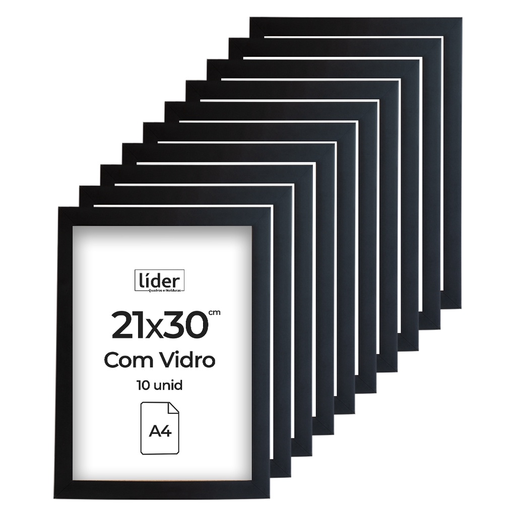 Kit 10 Molduras Quadro A4 Com Vidro Preto Foto Certificado Diploma Pôster Atacado