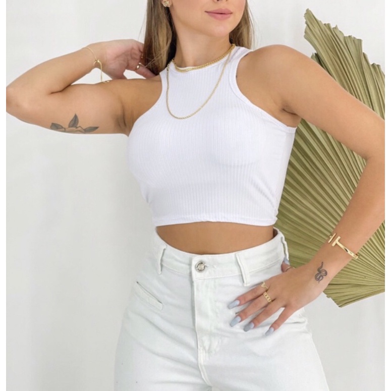 Cropped Canelado Feminino Regata Básico Tendência Moda Blusa