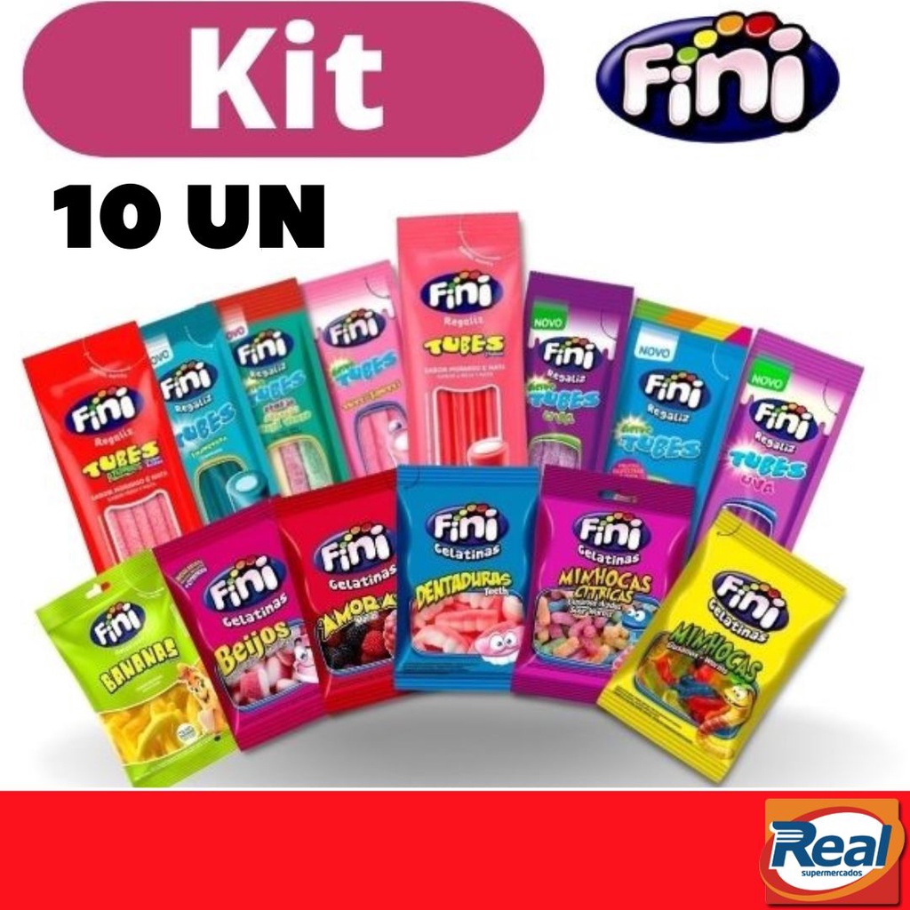 Kit com 10 pacotes Bala Fini Sabores Variados: Beijos,Tubes,Dentadura,Bananas,Ursinhos,Minhocas Citricas, Etc