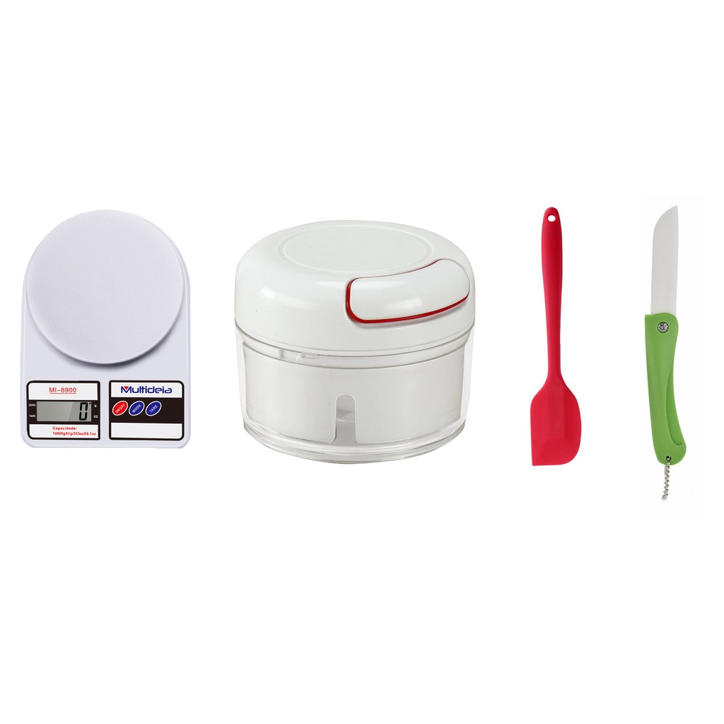 Balança Cozinha + Mini Processador 170ml + Espátula Silicone Confeitaria + Faca Dóbravel