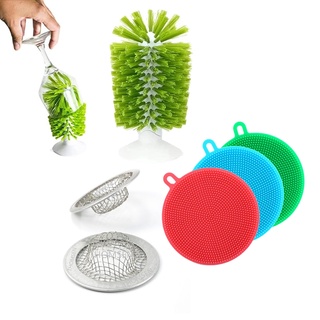 Kit 01 Escova Lava Copos + 01 Bucha Lavar Pratos em SIlicone + 01 Ralo de Pia INOX