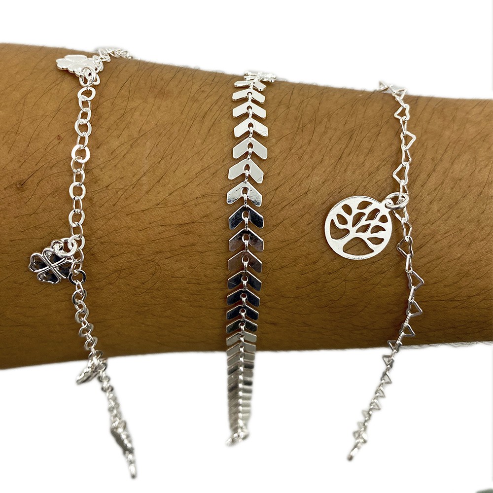 Kit 3 Pulseiras Feminina Folheadas Prata 925 Atacado Semi Joias
