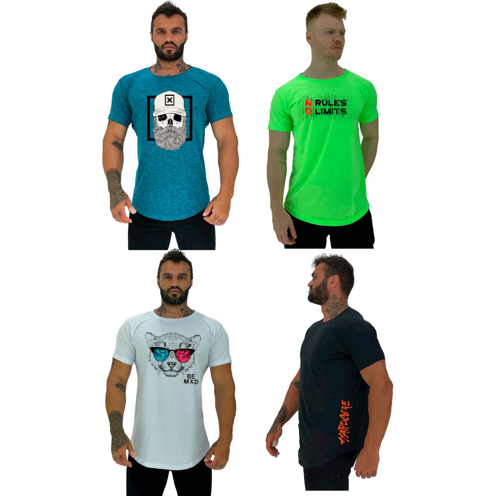 Kit 4 Camisetas Longline Masculina MXD Conceito Malha 30.1 Penteada Manga Curta Silk Screen Conjunto Despojado Caveira Sem Regras Sem Limites Leopardo Hardcore