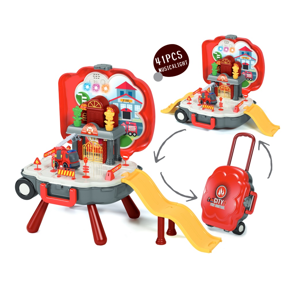 Kit Bombeiro Maleta Brinquedos Infantil Faz de Conta Portátil Vira Bancada Interativo Mochila Rodas