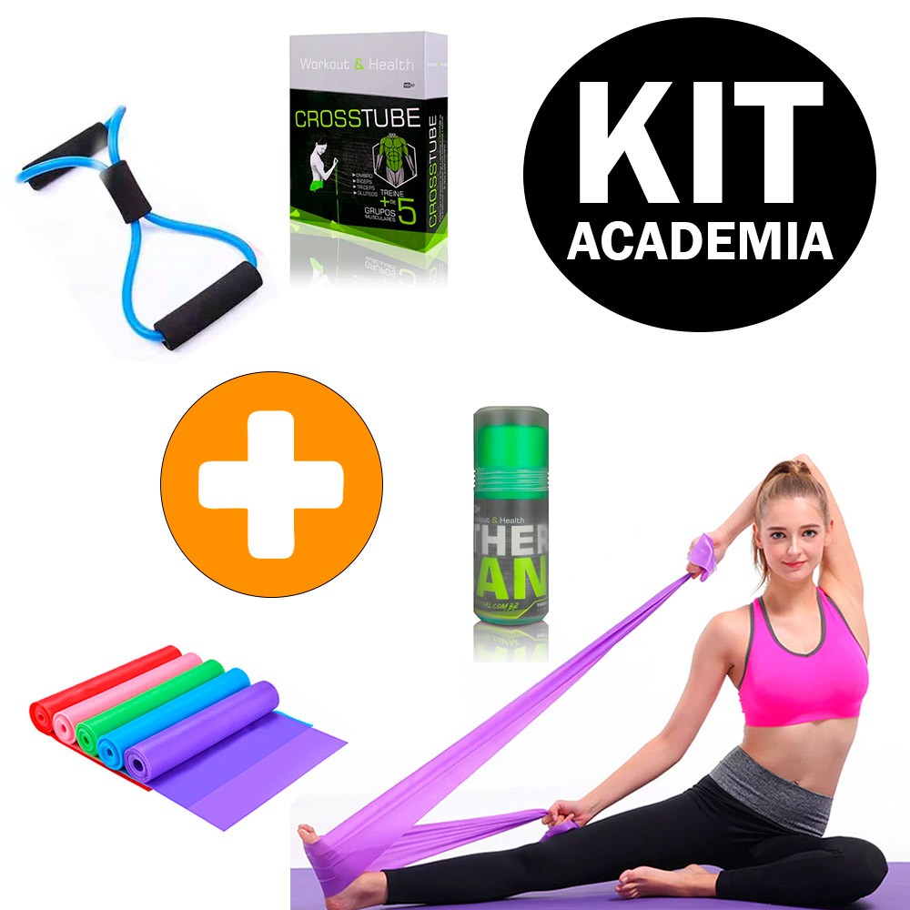 Kit Academia em Casa Elástico de Tensão Extensor Cross Tube + Elástico para Fisioterapia Pilates e Yoga Thera Band Treino Funcional Fitness
