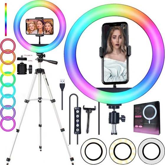 Ring Light Led Luz Iluminador Rgb Colorido Tirar Foto Gravações de Vídeos Celular Tripé Pedestal Profissional Universal