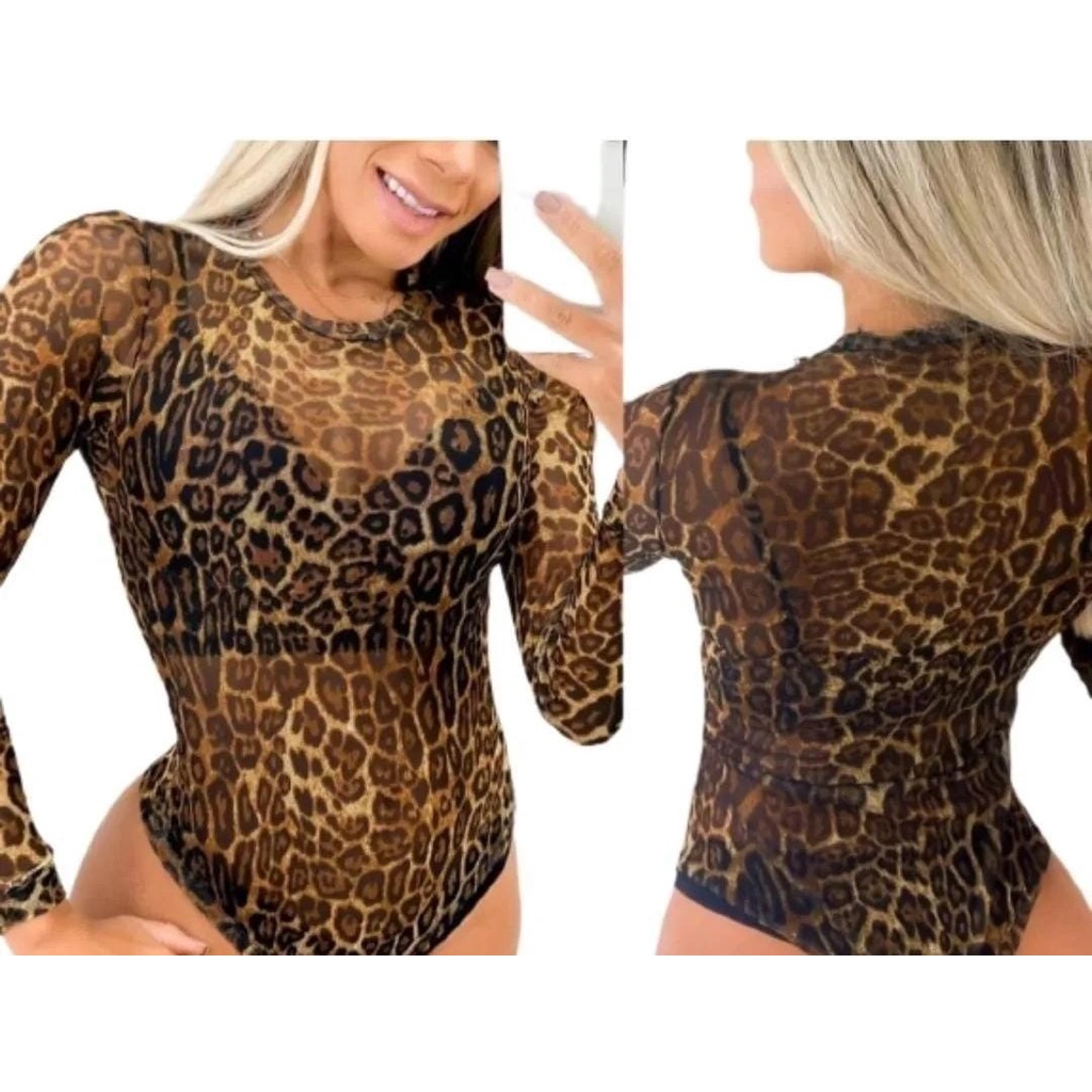 Body Onça Oncinha animal print Tule Manga Longa Transparente