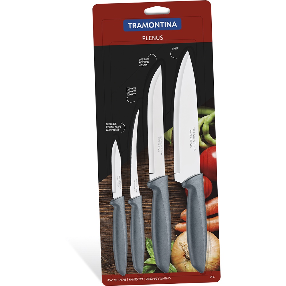 Jogo 4 Facas Tramontina Plenus Inox Cozinha - Cinza