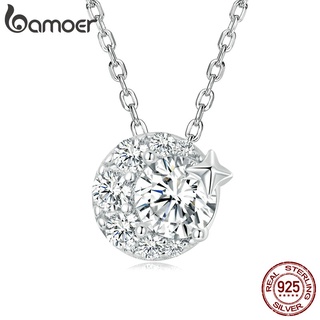 Colar Bamoer S925 Prata Moda Estrela & Lua Zircônia Pingente Para Mulheres Joias Acessórios