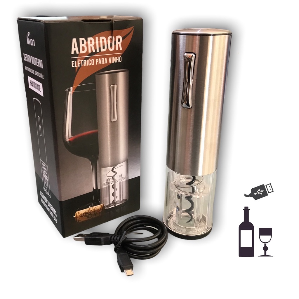 Abridor Vinho Elétrico Recarregável Bateria Saca Rolha Inox Presente Criativo Acessório Adega