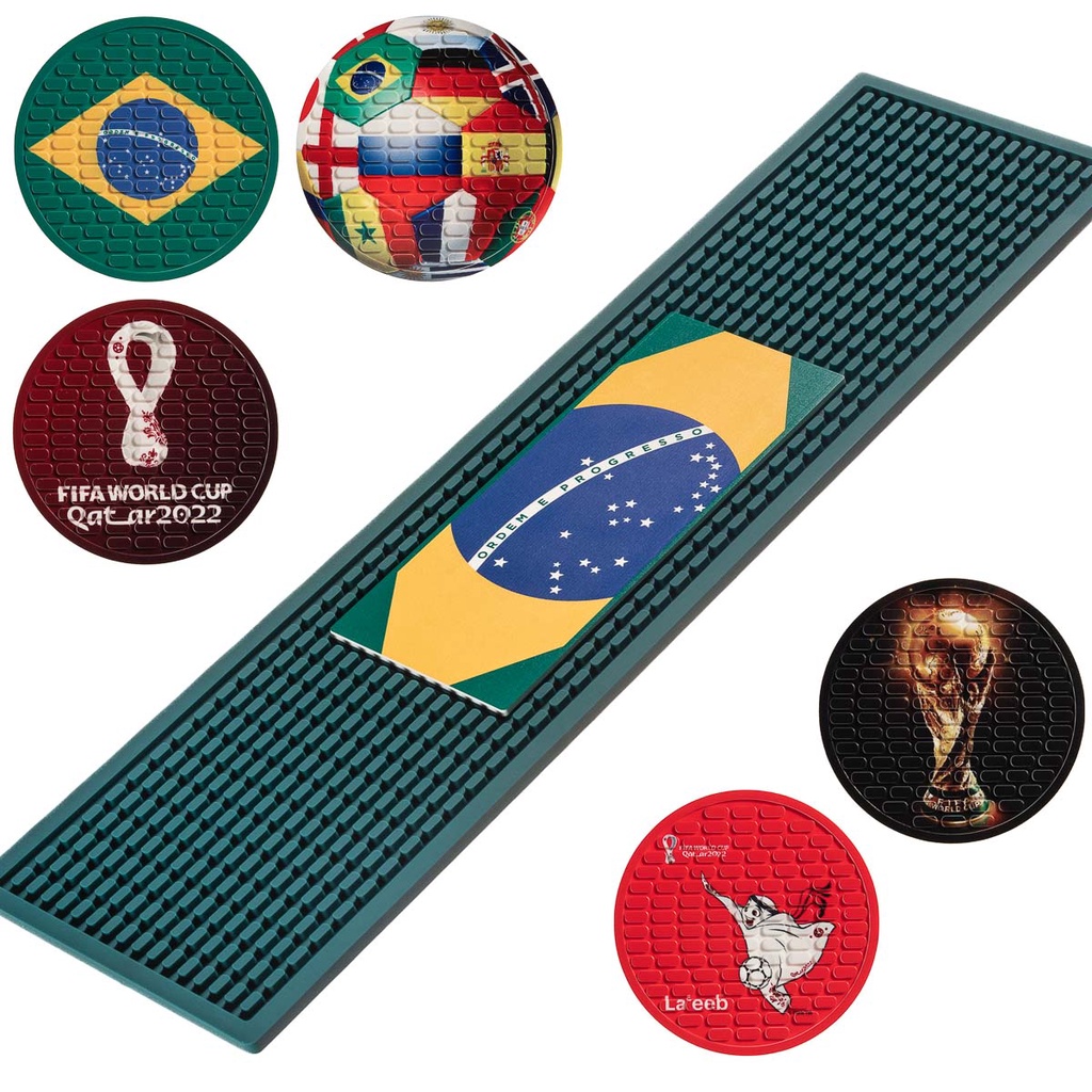 Kit Bar Mat Brasil + 5 Porta Copos Copa do Mundo Seleção Brasileira Decorativo Retém Líquido Lootus