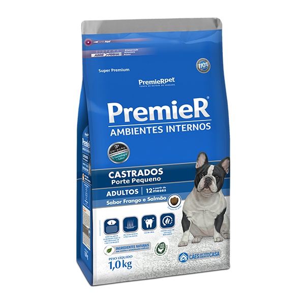 Ração Premier Ambientes Internos para Cães Adultos Castrados de Pequeno Porte Sabor Frango e Salmão - 1Kg