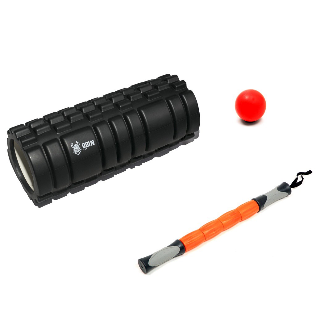 Kit Rolo de Massagem e Liberação Miofascial Texturizado, Bastão de Massagem e Lacrosse Ball Bola Maciça - Odin Fit