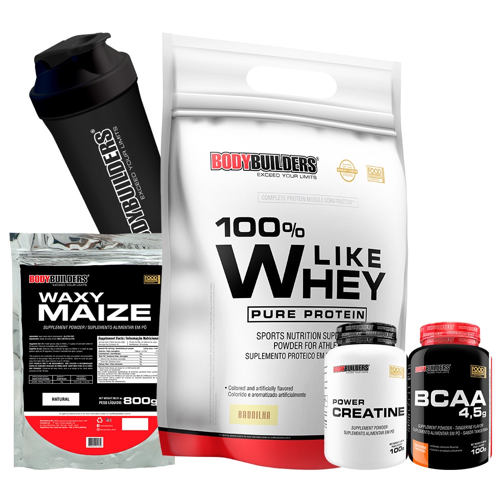 Kit 100% Like Whey Pure Protein 1,8kg + Waxy Maize 100% 800g + BCAA 4,5 100g + Power Creatina 100g + Coqueteleira - Suplementos para seus Objetivos na Academia - Bodybuilders