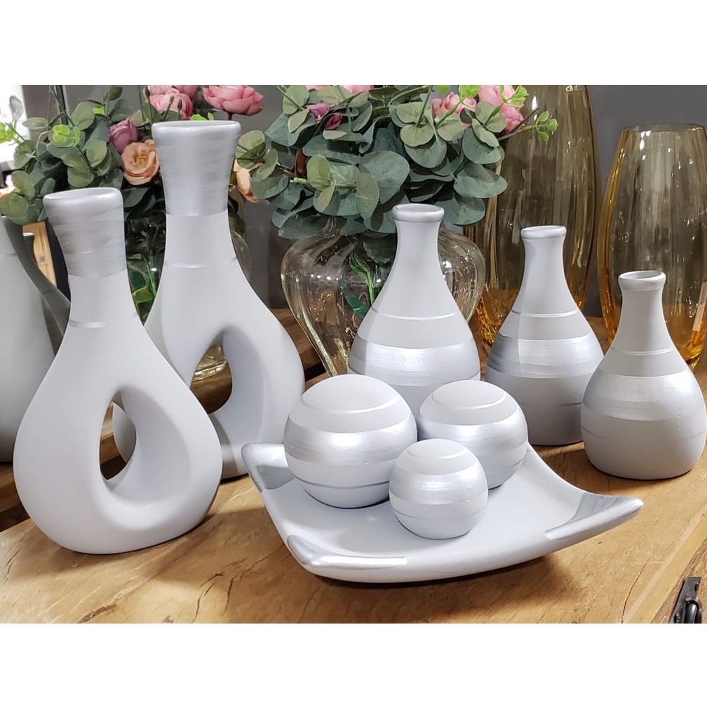 Conjunto 9 PÇ Jogo cerâmica Kit Trio Vaso Enfeite Decorativo Sala rack centro mesa jarro planta flor