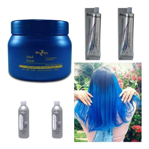 2 Tinta Cabelo Azul + 2 Ox 20 90ml + Matizador 250g Mairibel