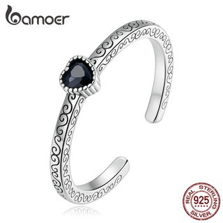Bamoer 925 Prata Vintage Preto Zircônia Retrô Anel Moda Joalheria Presente Para Meninas