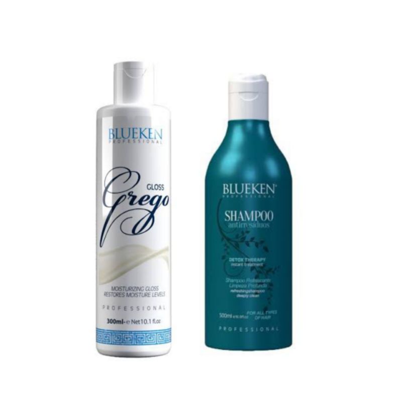 Escova Progressiva Gloss Grego 300ml Blueken + Shampoo antiresíduos 500ml Blueken