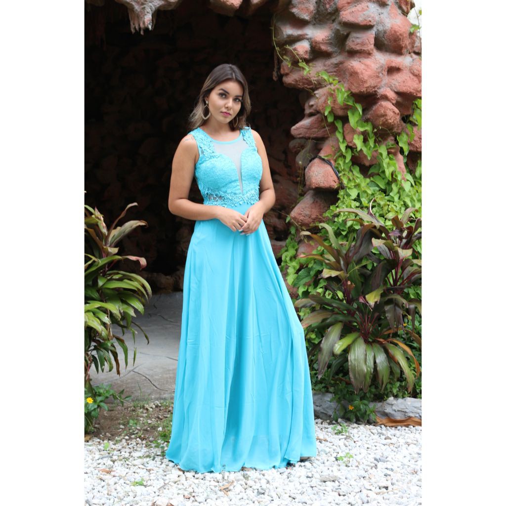 vestido longo azul para gestante