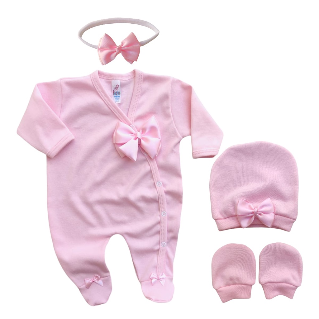Kit 4 Peças Macacão Kimono + Tiara Laço + Touca + Luvas Para Bebê Enxoval Saída Maternidade