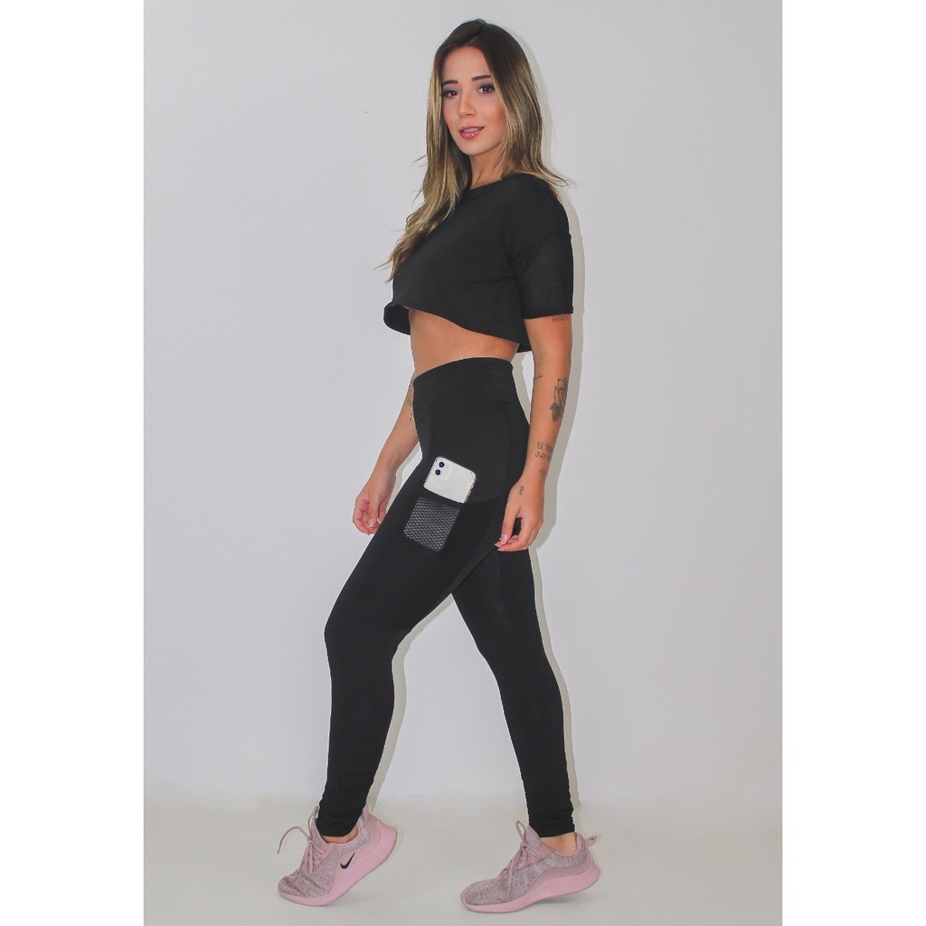 Conjunto Cropped Preto + Calça Legging Com Bolso Tela