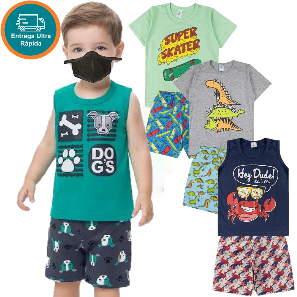 Conjunto infantil Menino masculino bermuda e camiseta estampada
