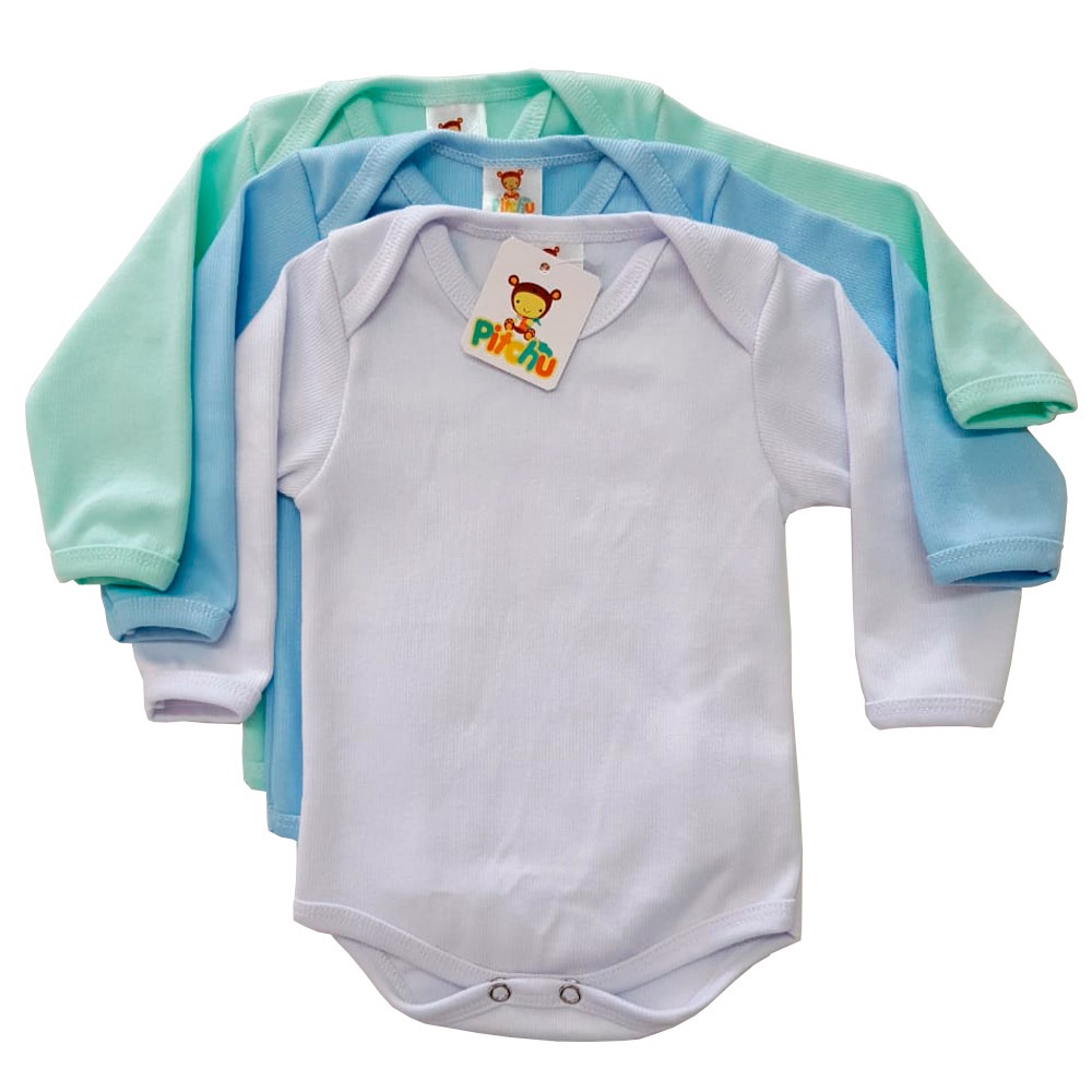 Kit 03 Body Bebê Manga Longa Malha Canelada Masculino