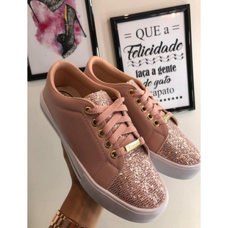 Tênis Flat Feminino Casual Rosê com detalhe brilho discreto  Flat Form Sapatenis