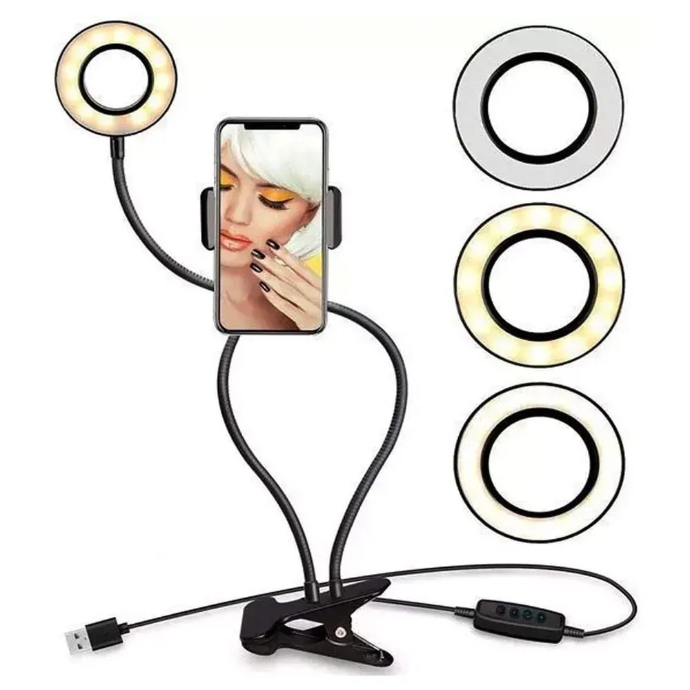 Iluminador Ring Light Suporte Articulado De Mesa Live Stream Para Celular Smartphone Com Controle