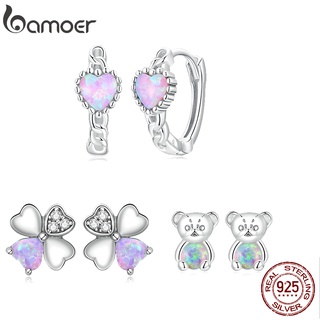 Brincos Bamoer 925 Prata Rosa Opala Urso Colorido Amor Quatro Folhas Orelha Para Meninas